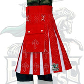 Christmas Kilt with Rhinestones Latin Cross – Red and White Kilt | Festive Scottish Style by BattleOfKilts